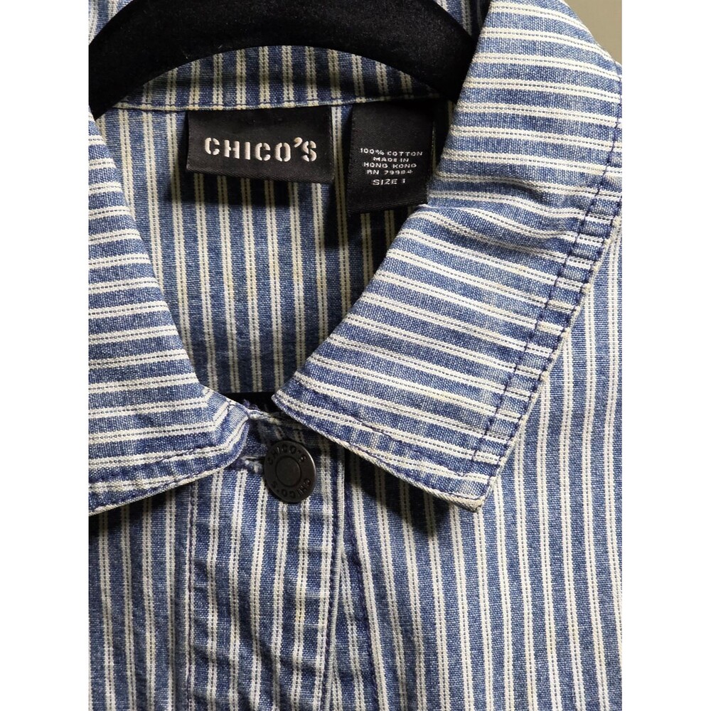 Chico's Striped Blue Cotton Button-Up Shirt - Picture 2 of 3